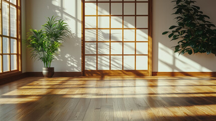 Poster - Creating soft shadows with japanese minimal interior parquet flooring and plants in a tranquil space