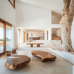 Poster - Exploring minimalist design with natural materials in a white-filled home showcasing serenity and elegance in a contemporary living space
