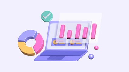 3d animation of laptop and graphics, Financial diagram and charts. Abstract graphs and diagrams for business on screen. Internet page or web interface