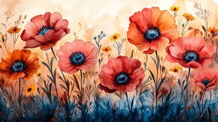 Wall Mural - A vibrant watercolor painting of blooming flowers in shades of red and orange against a soft background.