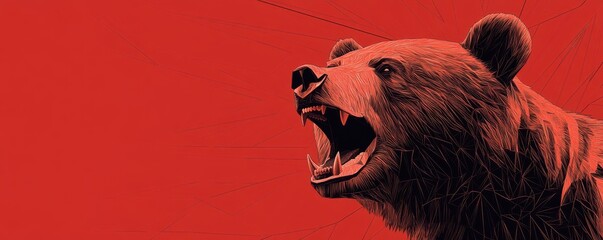Poster - Geometric Roaring Bear Illustration on Red Background