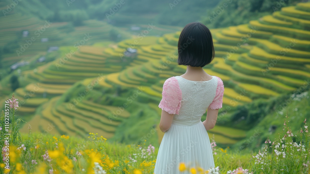 young woman with short black hair stands in field of flowers, gazing at ...