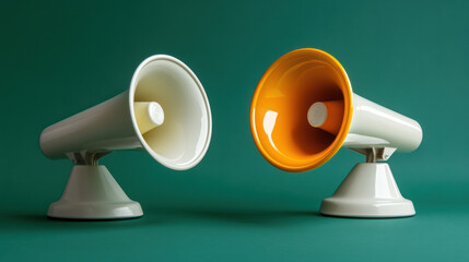 hyper realistic photography of two megaphones, one white and one orange, on green background. vibran