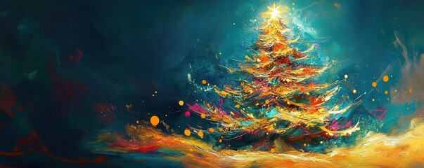 Aufkleber - Vibrant Christmas Tree with Colorful Lights and Stars
