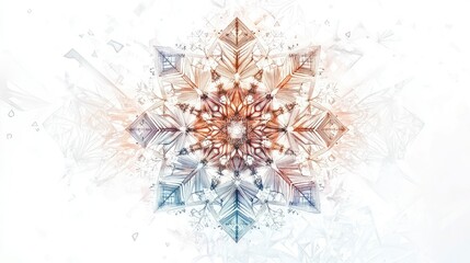 Poster - Modern geometric snowflake in soft pastel tones, surrounded by intricate line art details on a clean white background.