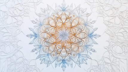 Poster - Modern geometric snowflake in soft pastel tones, surrounded by intricate line art details on a clean white background.