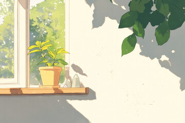 Wall Mural - A potted plant sits on a windowsill, with a shadow cast on the wall behind it