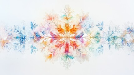 Poster - Modern geometric snowflake in soft pastel tones, surrounded by intricate line art details on a clean white background.
