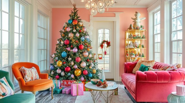 Whimsical Christmas tree with vibrant ornaments and twinkling lights
