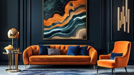 Orange sofa and armchair against dark blue classic wall with marbling poster art deco home interior design of modern living room. Deco. Illustration