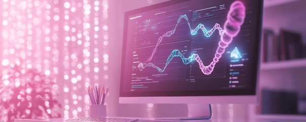 Poster - A modern computer screen displaying vibrant financial graphs and data analytics in a stylish workspace illuminated by soft pink lighting.
