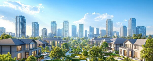 Aufkleber - Modern city skyline with residential area surrounded by green spaces.
