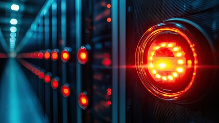 Poster - Close-up of illuminated server indicators with red lights in data center.