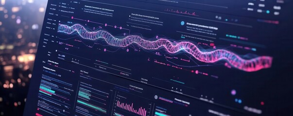Poster - A digital dashboard displaying colorful data visualizations and analytics trends against a dark background.