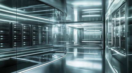 Poster - High-Tech Data Center Interior with Glowing Server Racks and Sleek Modern Architecture Showcasing Advanced Computing and Digital Storage Solutions