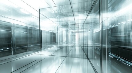Poster - Futuristic Data Center Design Showcasing Transparent Architecture and Advanced Technology with Modern Digital Aesthetics for High-Tech Communications and Storage Solutions