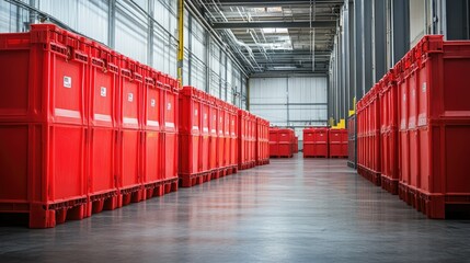 Poster - Bright Red Storage Bins in Modern Warehouse Aisle with Clean Lines and Abundant Natural Light Highlighting Organized Supply Chain Management Environment