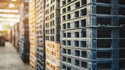Poster - A Close-Up View of Stacked Plastic and Wooden Pallets in a Modern Warehouse Environment with Soft Lighting and Depth of Field for Industrial Context