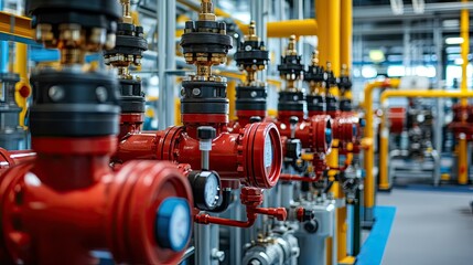 Poster - Industrial Scene Featuring Red Valves and Pipes in a Modern Factory Environment, Showcasing Advanced Machinery and Equipment for Efficient Operation and Control
