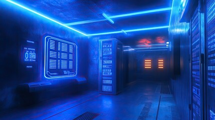 Poster - Futuristic Neon Data Center Corridor with Blue Lighting and High-Tech Server Racks, Ideal for Technology and Cybersecurity Themes in Digital Media
