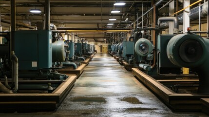 Poster - Industrial Water Pumping Station with Blue Equipment and Wet Floor in a Large Warehouse Environment