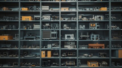 Poster - Detailed View of a Comprehensive Collection of Mechanical Components and Parts Organized on Shelving in a Modern Manufacturing Facility
