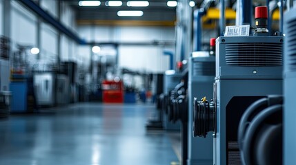 Poster - Industrial Workshop Interior Featuring Machines and Equipment in a Well-Lit Factory Environment with Focused Depth of Field on Machinery Elements