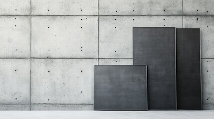 Poster - Modern minimalist interior with three dark panels against a raw concrete wall, showcasing clean lines and industrial design elements in a stylish space