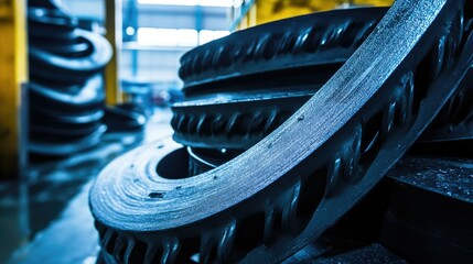 Poster - Close-Up of Industrial Rubber Tires in a Warehouse Setting with a Background of Warehouse Environment and Modern Infrastructure Elements