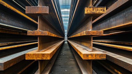 Poster - Industrial Warehouse Interior with Rusty Steel Beams and Tracks Highlighting Urban Infrastructure and Construction Materials in a Modern Setting