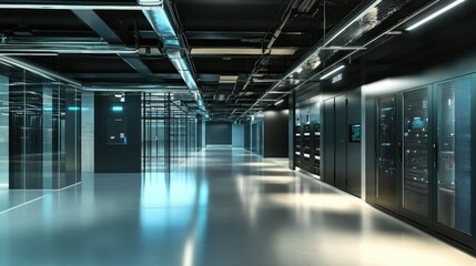 Poster - Modern Server Room with Complex Infrastructure and Advanced Technology Featuring Rows of Racks and Efficient Lighting in a Black and Steel Environment