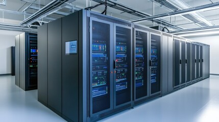 Poster - Modern Data Center Interior Featuring Rows of High-Tech Server Racks with Advanced Cooling Systems in a Brightly Lit Environment