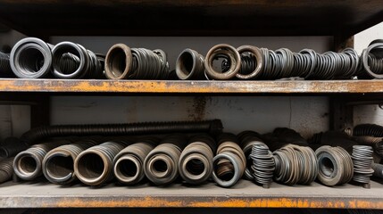 Poster - Various Rubber Seals and Gaskets on Industrial Shelves, Displaying Different Sizes, Shapes, and Textures in a Storage Area for Mechanical Components