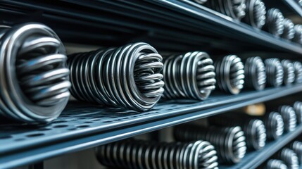 Poster - Close-Up View of Steel Springs on a Metal Rack, Highlighting Modern Industrial Design, Manufacturing Components, and Precision Engineering in a Workshop Environment