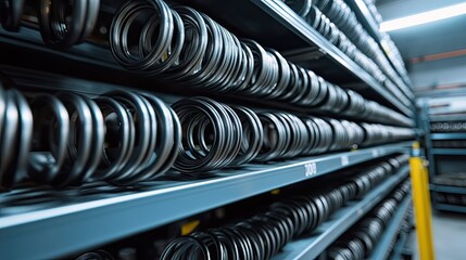Poster - Industrial Storage of Metal Rings in Warehouse Shelves with Clear Focus on Precision Engineering and Organization in Manufacturing Environment