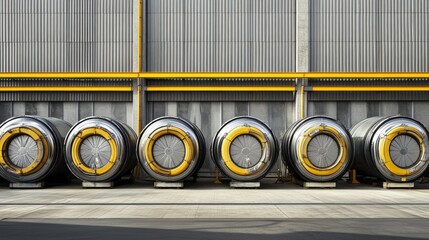 Industrial Storage Solutions with Large Round Containers in a Modern Warehouse Environment Featuring Steel Walls and Yellow Accents