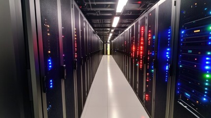 Poster - Modern Data Center Interior with Rows of Servers and Bright LED Lights Illuminating the Aisles in a High-Tech Environment