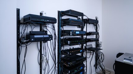 Poster - Modern Server Room Showcase Featuring Multiple Rack-Mounted Devices and Network Equipment with Complex Cable Management and Organized Layout