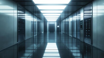 Poster - Modern Data Center Corridor with Sleek Reflective Floors and High-Tech Server Racks Illuminated by Bright Fluorescent Lighting