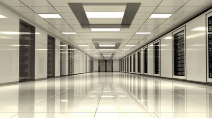Poster - Modern Data Center Interior with Rows of Servers and a Polished Floor Featuring Bright Lighting and a Clean, Minimalistic Design for Technology and Infrastructure Use