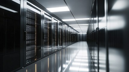 Poster - Modern Data Center Corridor with Server Racks and Illuminated Pathway Showcasing Technology Infrastructure and Advanced Digital Solutions