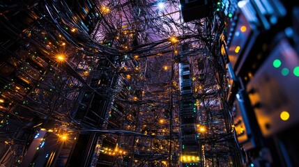 Poster - Intricate Network of Data Cables and Servers in a High-Tech Data Center, Illuminated by Colorful Lights and Cables in a Futuristic Setting