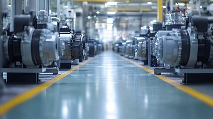 Poster - Industrial Machinery in a Modern Factory Hallway with High-Tech Equipment and Assemblies Aligned Symmetrically Along the Concrete Surface Creating a Productive Atmosphere