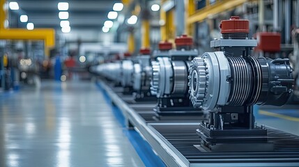Poster - High-Quality Industrial Pump Assembly Line in Modern Manufacturing Facility with Bright Workspace and Advanced Technology Equipment