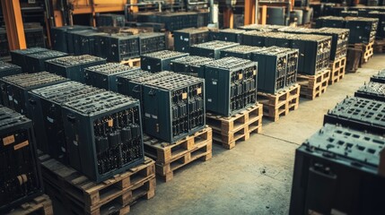 Poster - Organized Rows of Industrial Equipment on Wooden Pallets in a Warehouse Setting Highlighting Logistics and Supply Chain Management Efficiencies