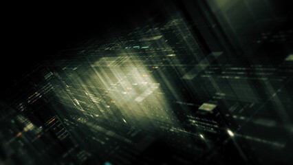 Fototapete - Futuristic network simulation blending AI, quantum physics, and deep learning, with a particle matrix analyzing data in a sleek, HUD-style interface