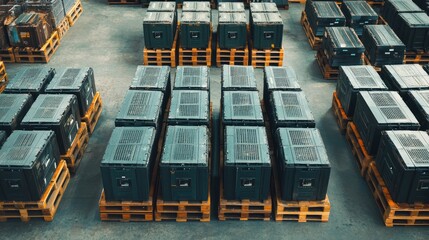 Poster - Aerial View of Organized Storage Facility with Industrial Containers on Wooden Pallets in a Warehouse Setting, Perfect for Logistics and Supply Chain Management Images