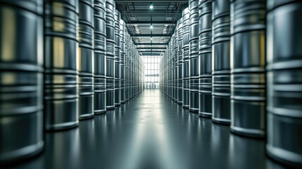 Poster - Industrial Warehouse Interior Featuring Metal Drums Stacked Neatly to Create a Symmetrical Perspective with Natural Light Streaming Through Large Windows