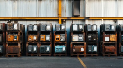 Poster - Industrial Storage Area: Rows of Organized Shipping Containers and Equipment in a Well-Managed Warehouse with Metal Shelving and Sturdy Pallets Under Bright Lighting