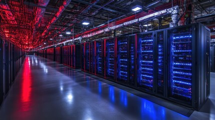 Poster - Futuristic Data Center Interior with Rows of Servers Illuminated by Red and Blue LED Lights in a High-Tech Environment
